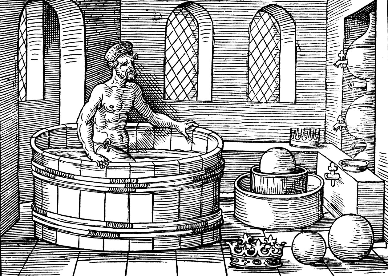 Archimedes ca. 287-212 v.Chr., Oud-Griekse wiskundige en uitvinder, in zijn bad door Unbekannt