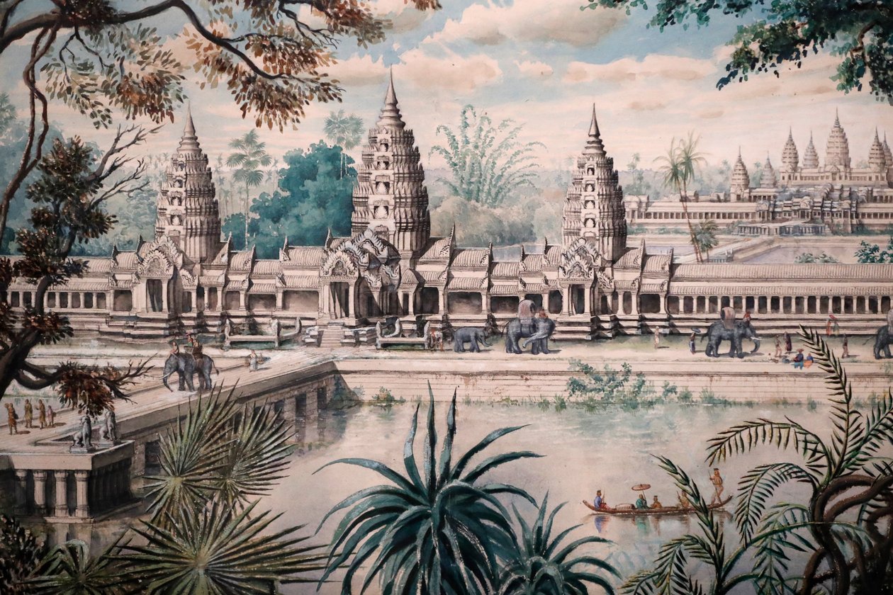 Asian Civilisations Museum, Angkor, Verkenning van de heilige stad van Cambodja, Uitzicht op Angkor Wat, Afdruk gebaseerd op een tekening van Jacques Guiaud na een schets van Henri Mouhot, Uitzicht op Angkor Wat door Louis Delaporte rond 1870-73, Singapore door Unbekannt