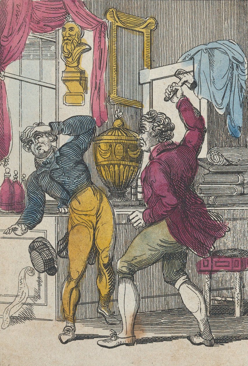Veilingmeester & advocaat, veilingmeester die een slechte partij afslaat, begin 19e eeuw door Unbekannt