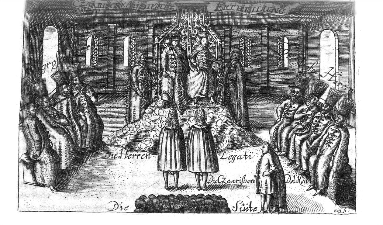 Audiëntie met Ivan V, Peter I en Sophia Alekseyevna uit Georg Adam Schleissing Derer beyden Czaaren in Reussland..., 1693 door Unbekannt