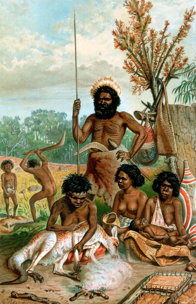 Australische aboriginals slachten een kangoeroe, 1885-1888 door Unbekannt