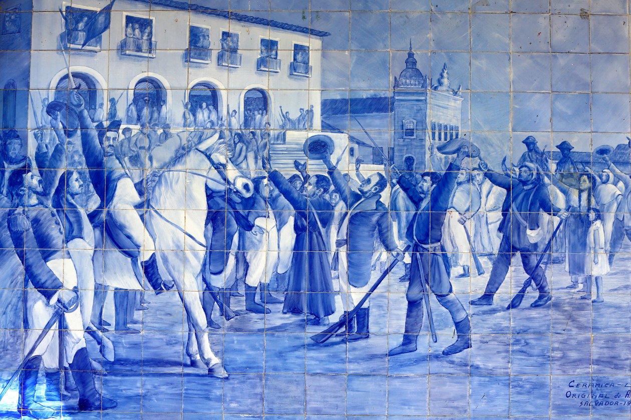 Azulejo mozaïek dat Cachoeira mensen uitbeeldt die Prins Pedro toejuichen, die Brazilië naar onafhankelijkheid leidde, Cachoeira, Brazilië door Unbekannt