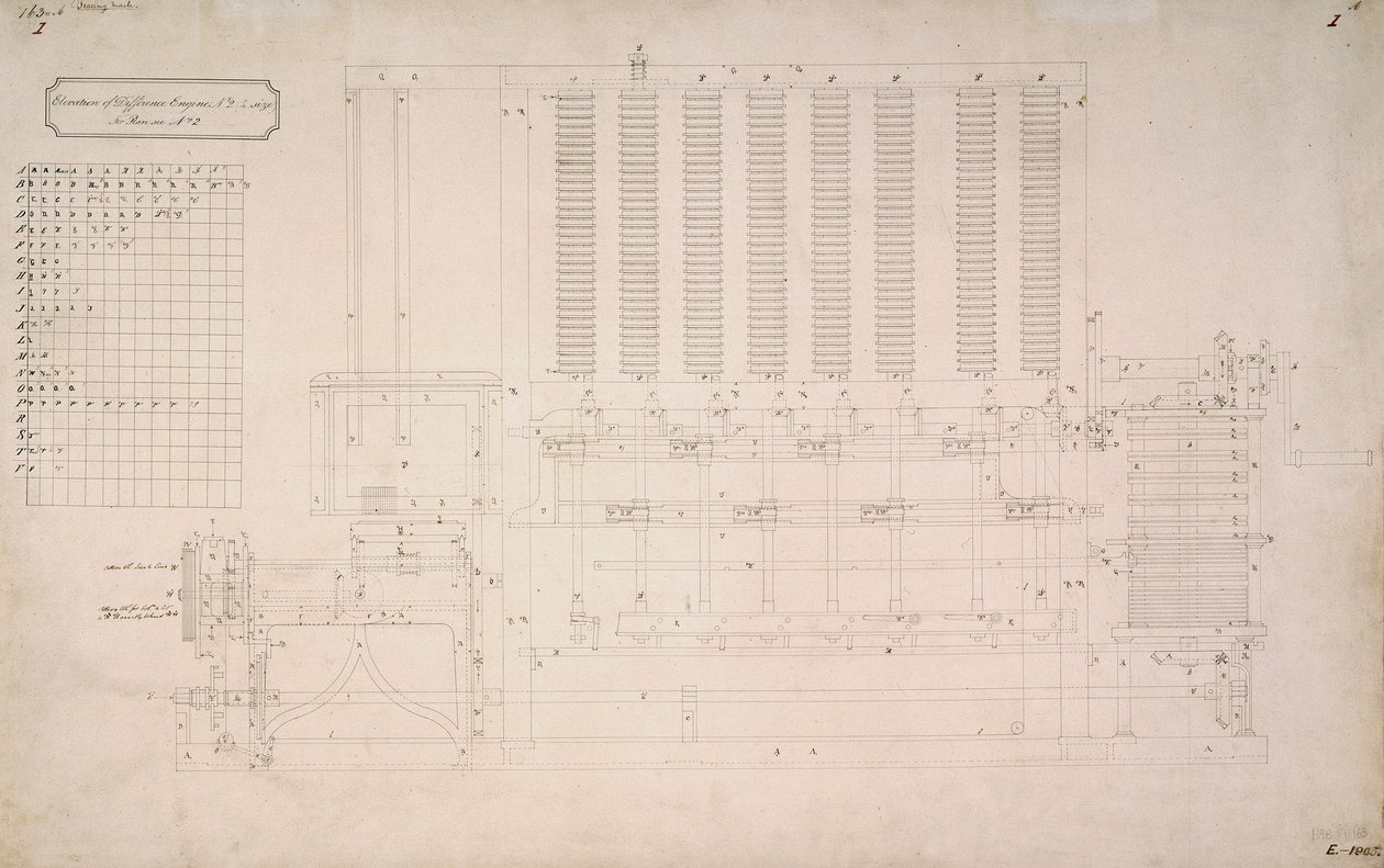 Babbage-motoren, verschiltekening van zijaanzicht van Difference Engine No 2 door Unbekannt