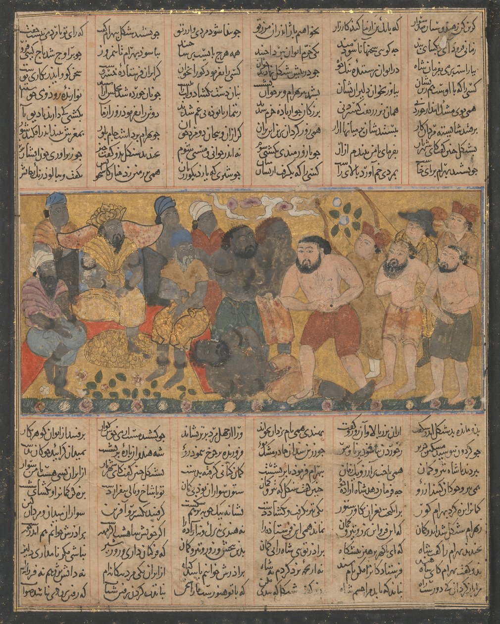 Bahram Gur toont zijn bekwaamheid in worstelen aan het hof van Shangul door Unbekannt
