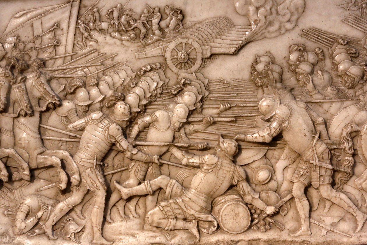 Basiliek van St. Denis, Graf van Frans I koning van Frankrijk en Claude van Frankrijk, Reliëf van de stichting, Afbeelding van de slag bij Marignano in 1515 - de Fransen en hun artillerie tegenover de Oude Zwitserse Confederatie, Saint-Denis, Frankrijk door Unbekannt