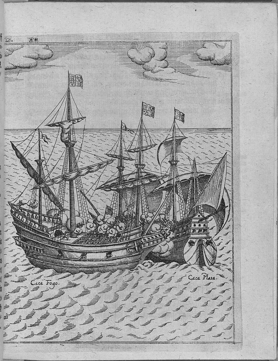 Slag tussen het schip Golden Hind van Francis Drake en het Spaanse schip Cacafuego. Van Levinus Hulsius door Unbekannt