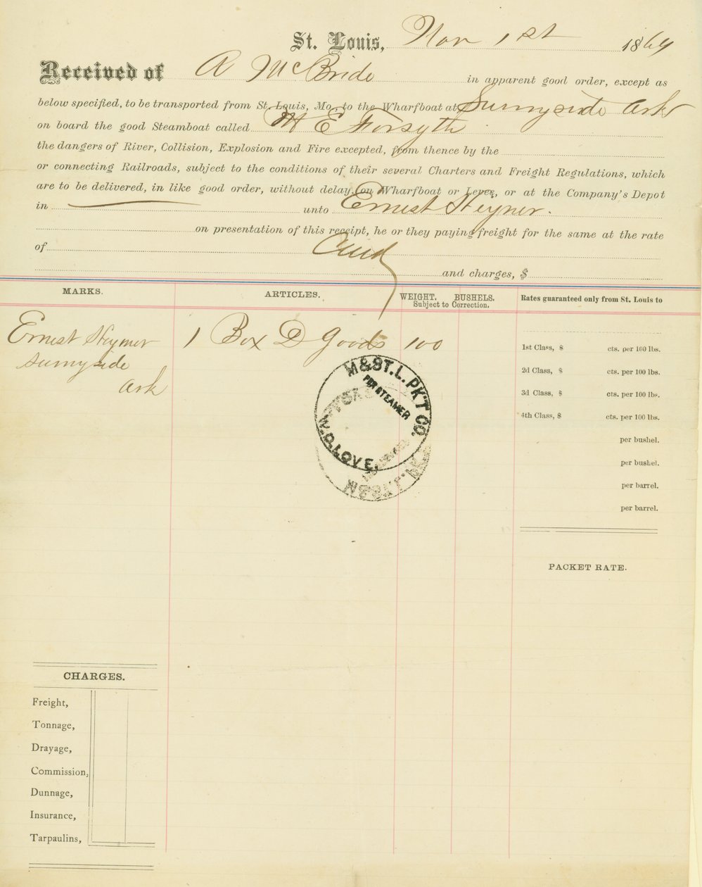 Vrachtbrief, stoomboot M[ary] E. Forsyth, Sunnyside, Arkansas, 1 november 1864 door Unbekannt
