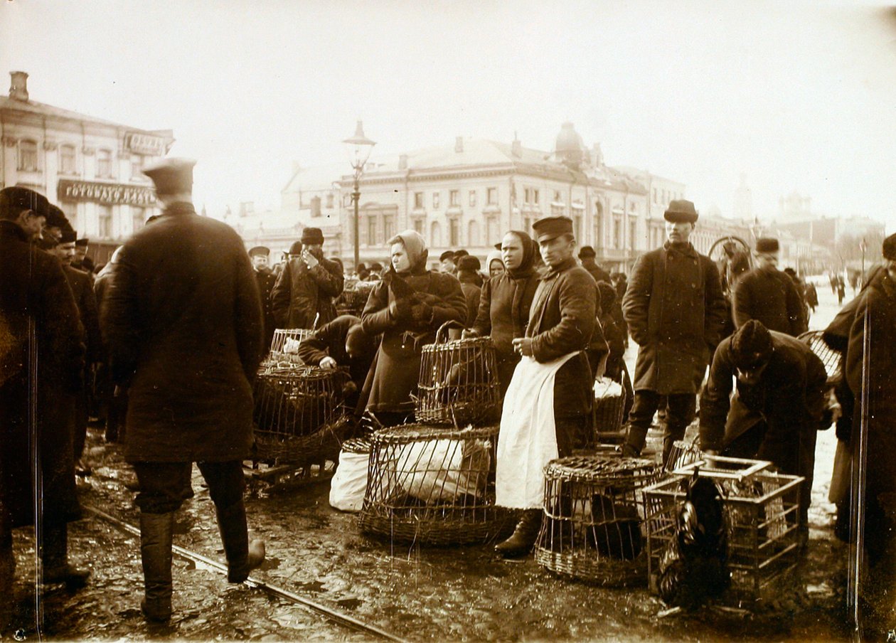Vogelmarkt, Trubnaya Plein, Moskou, Rusland, 1908 door Unbekannt