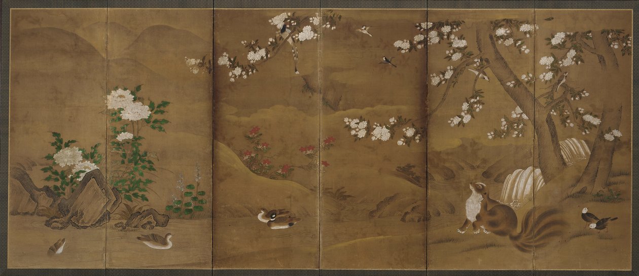 Vogels, bloemen van de seizoenen, en civetkatten, Muromachi of Momoyama-periode, 16e eeuw door Unbekannt