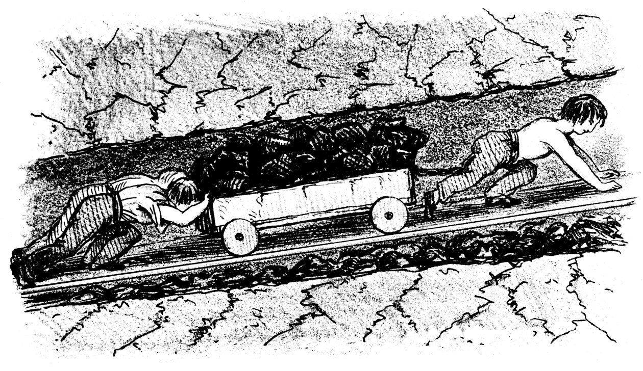 Jongens die kolen verplaatsen in een smalle naad, Lancashire, Engeland, 1848 door Unbekannt