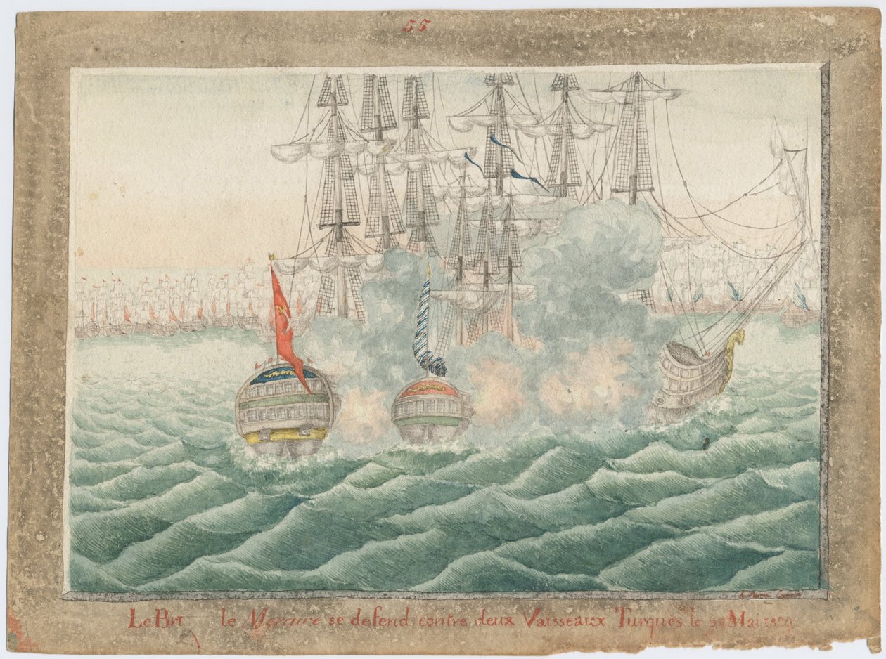 Brik Mercury vecht tegen twee Turkse schepen op 14 mei 1829, 1829 door Unbekannt