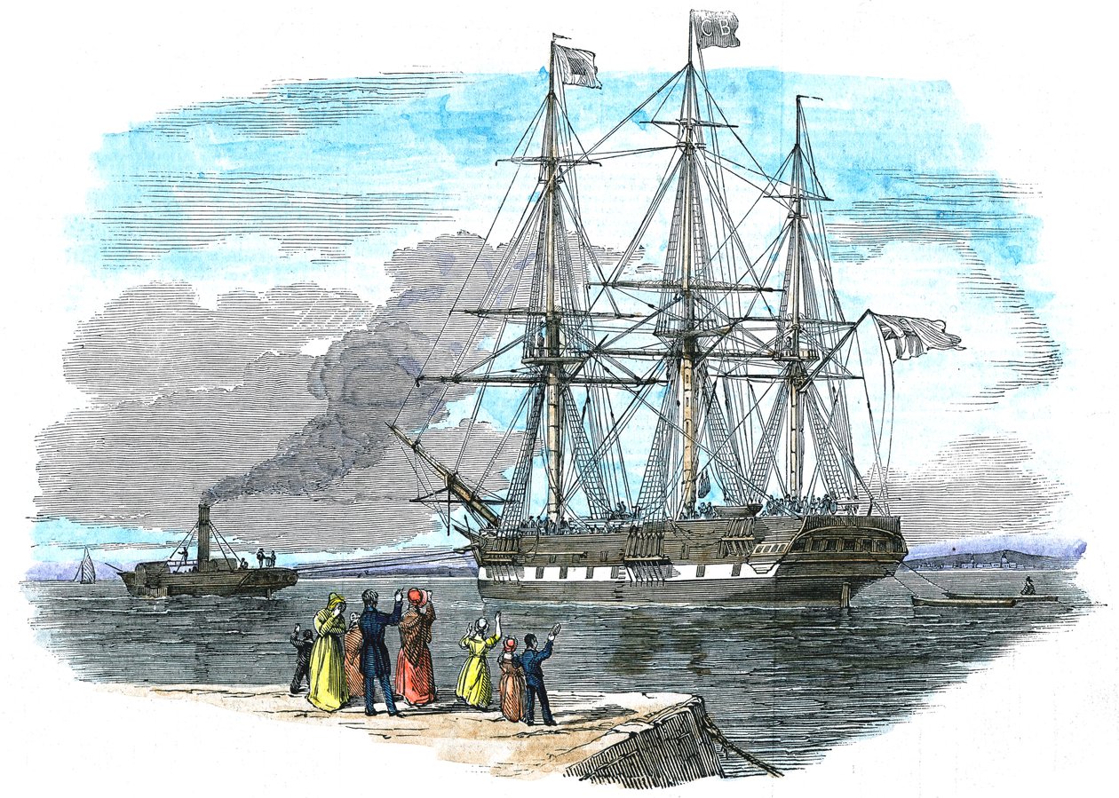 Brits emigrantenschip wordt de haven uitgesleept voor vertrek naar Sydney, Australië door Unbekannt