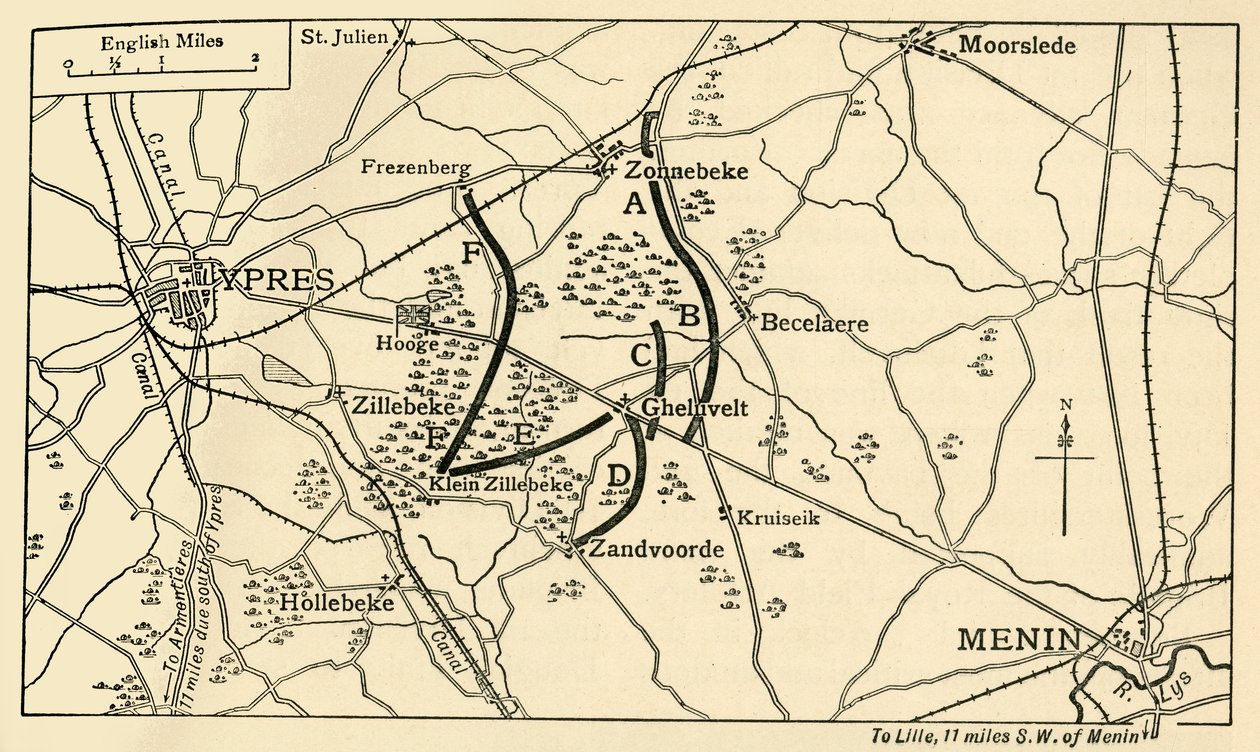 Britse posities voor de Eerste Slag om Ieper, Eerste Wereldoorlog, 1914, c1920 door Unbekannt