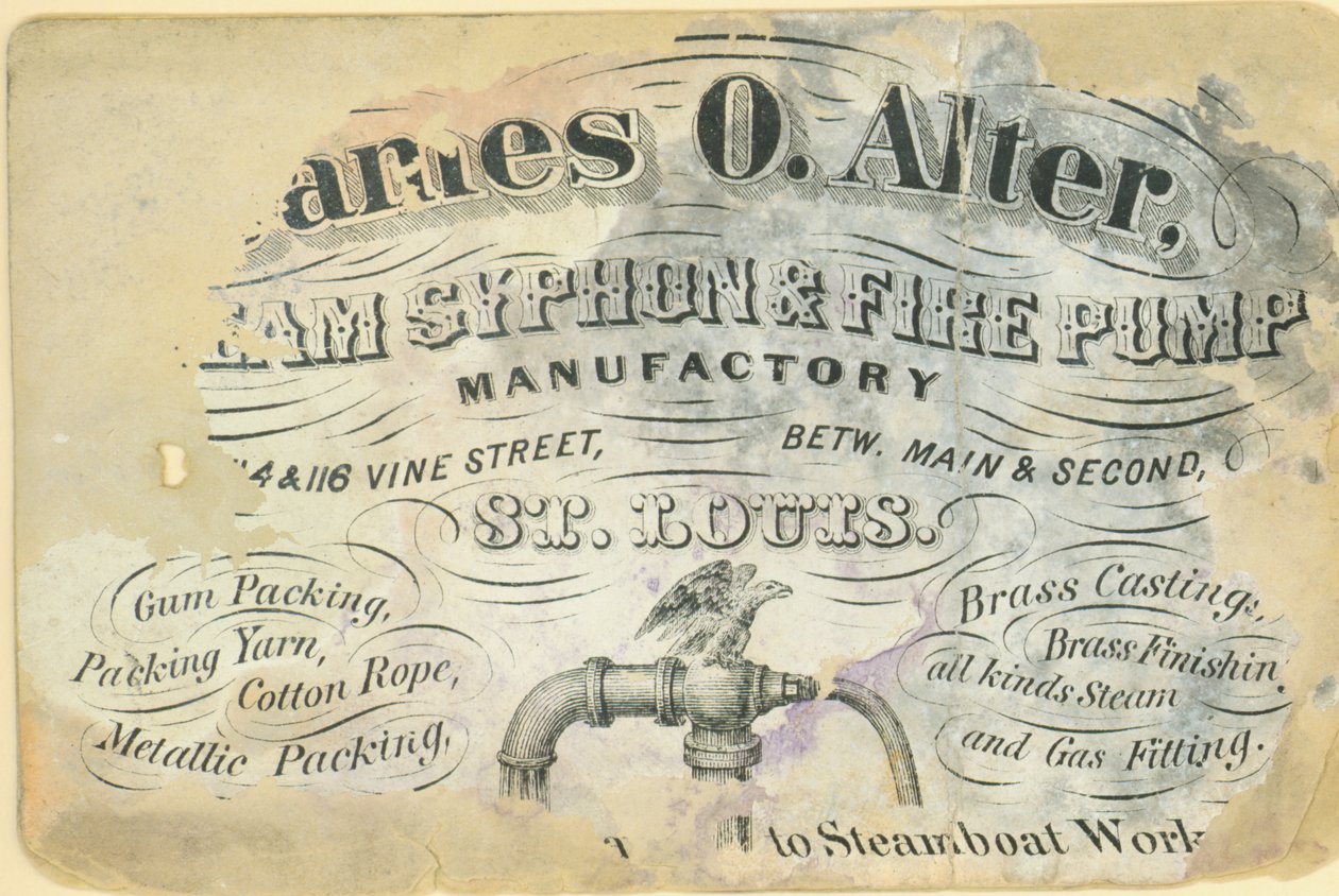 Visitekaartje van James O. Alter, stoomsifon en brandpomp fabriek, St. Louis, ca. 1870 door Unbekannt