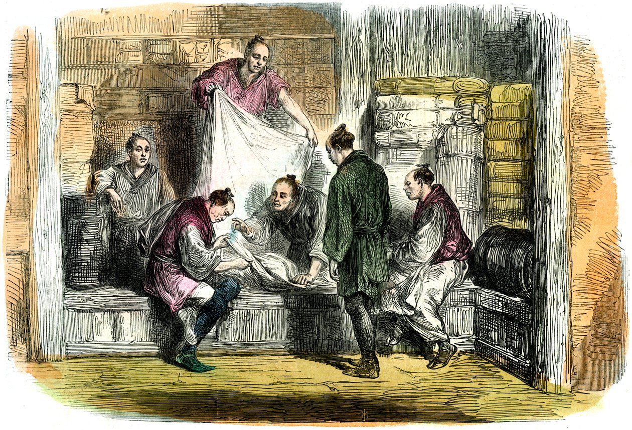 Camlets kopen in een winkel, Yokohama, Japan, 1865 door Unbekannt