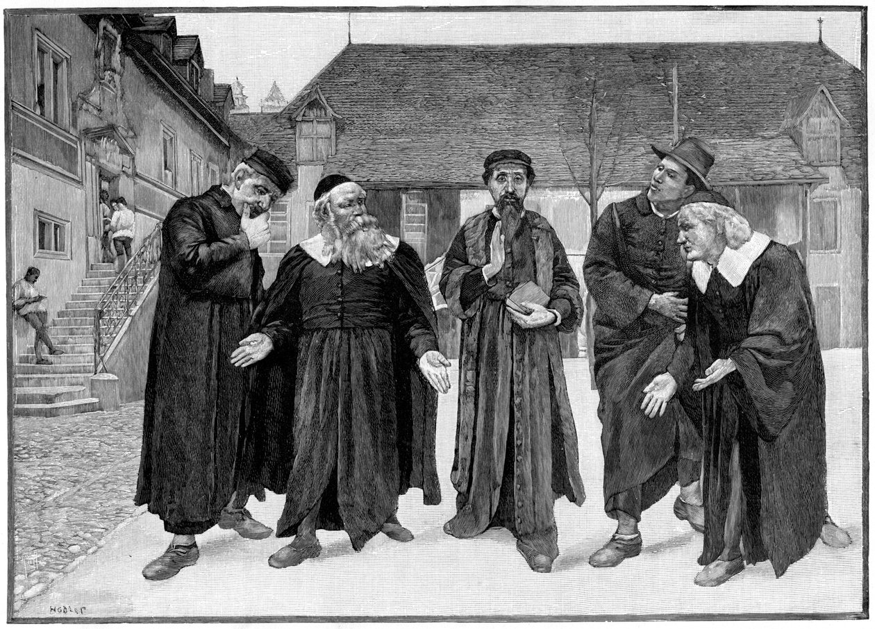 Calvijn en de vier syndici op de binnenplaats van het College van Genève door Unbekannt