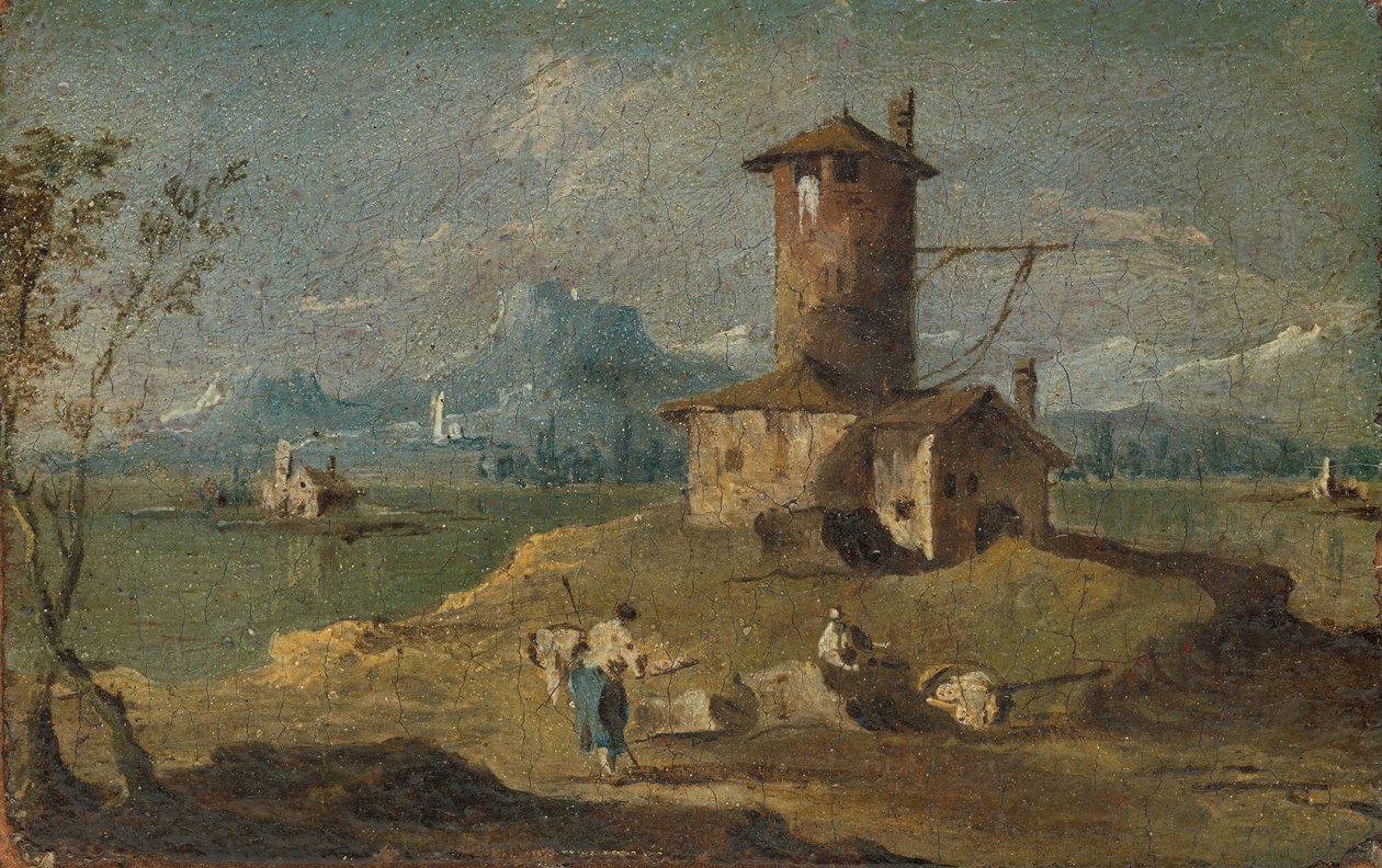 Capriccio met een eiland, een toren en huizen door Unbekannt