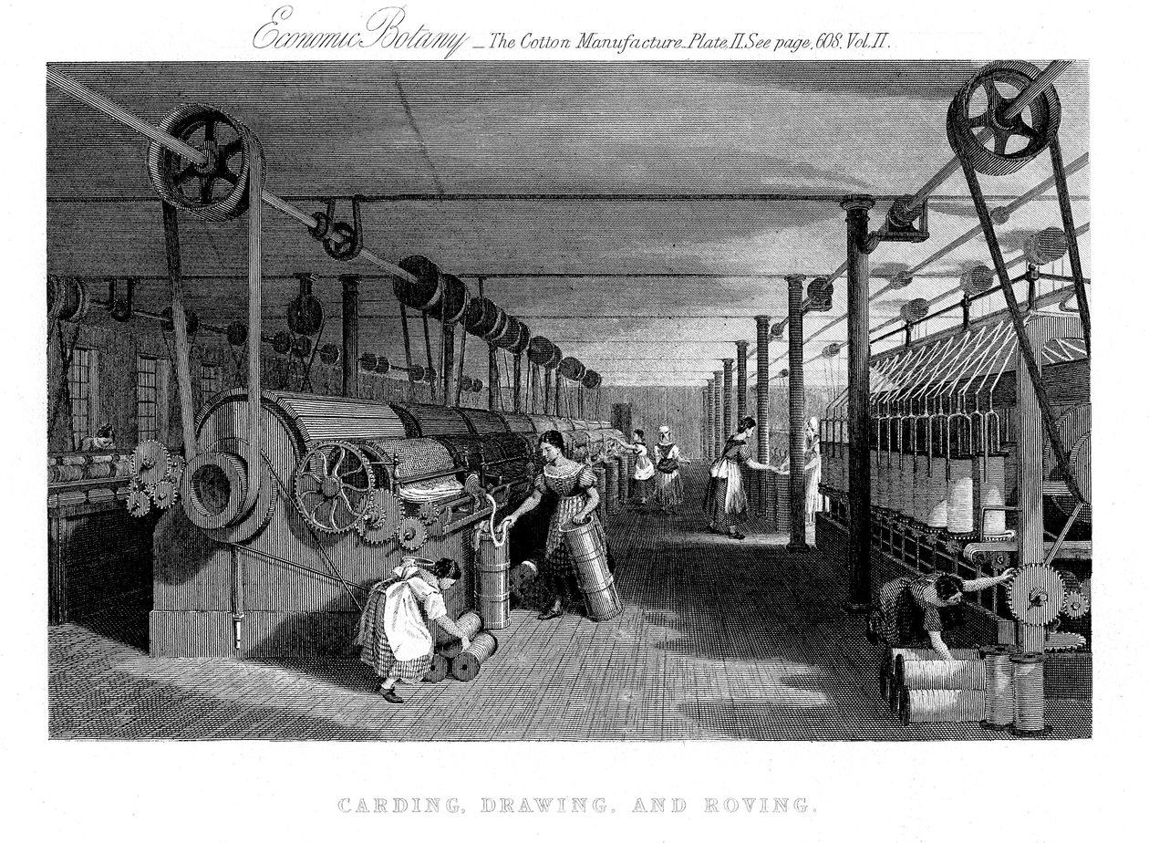 Katoen kaarden, tekenen en spinnen, c1830 door Unbekannt