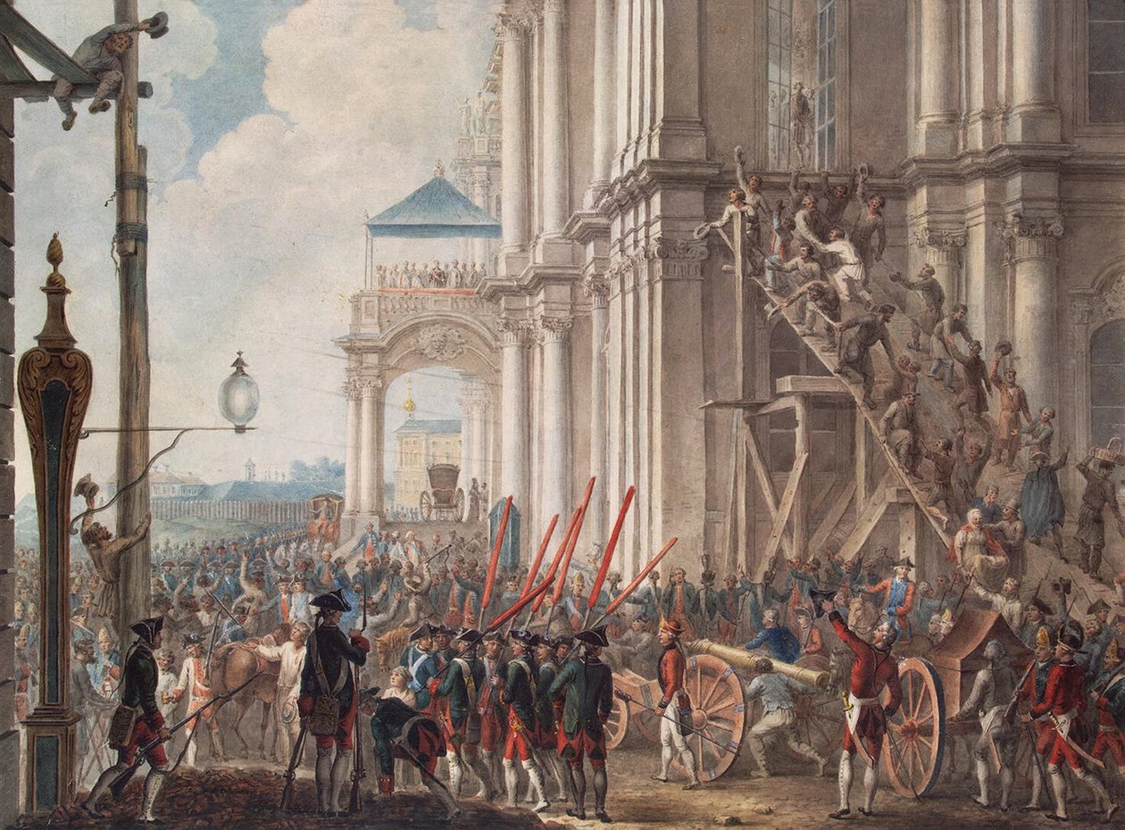 Catharina II op het balkon van het Winterpaleis, begroet door de wachters op de dag van de paleisrevolutie op 28 juni 1762, eind 18e eeuw door Unbekannt