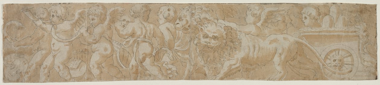 Strijdwagen getrokken door leeuwen met Amorini recto Gedeeltelijke Architecturale Studie verso, eerste helft 1500s door Unbekannt