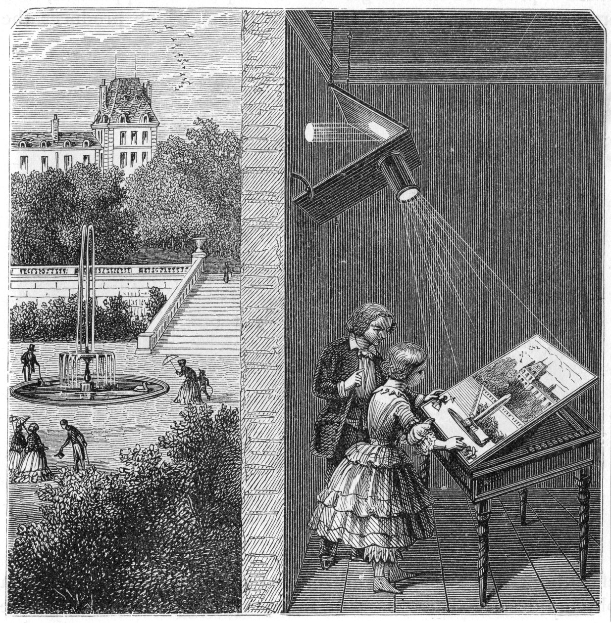 Kinderen die een buitenscène bekijken door een camera obscura, 1887 door Unbekannt