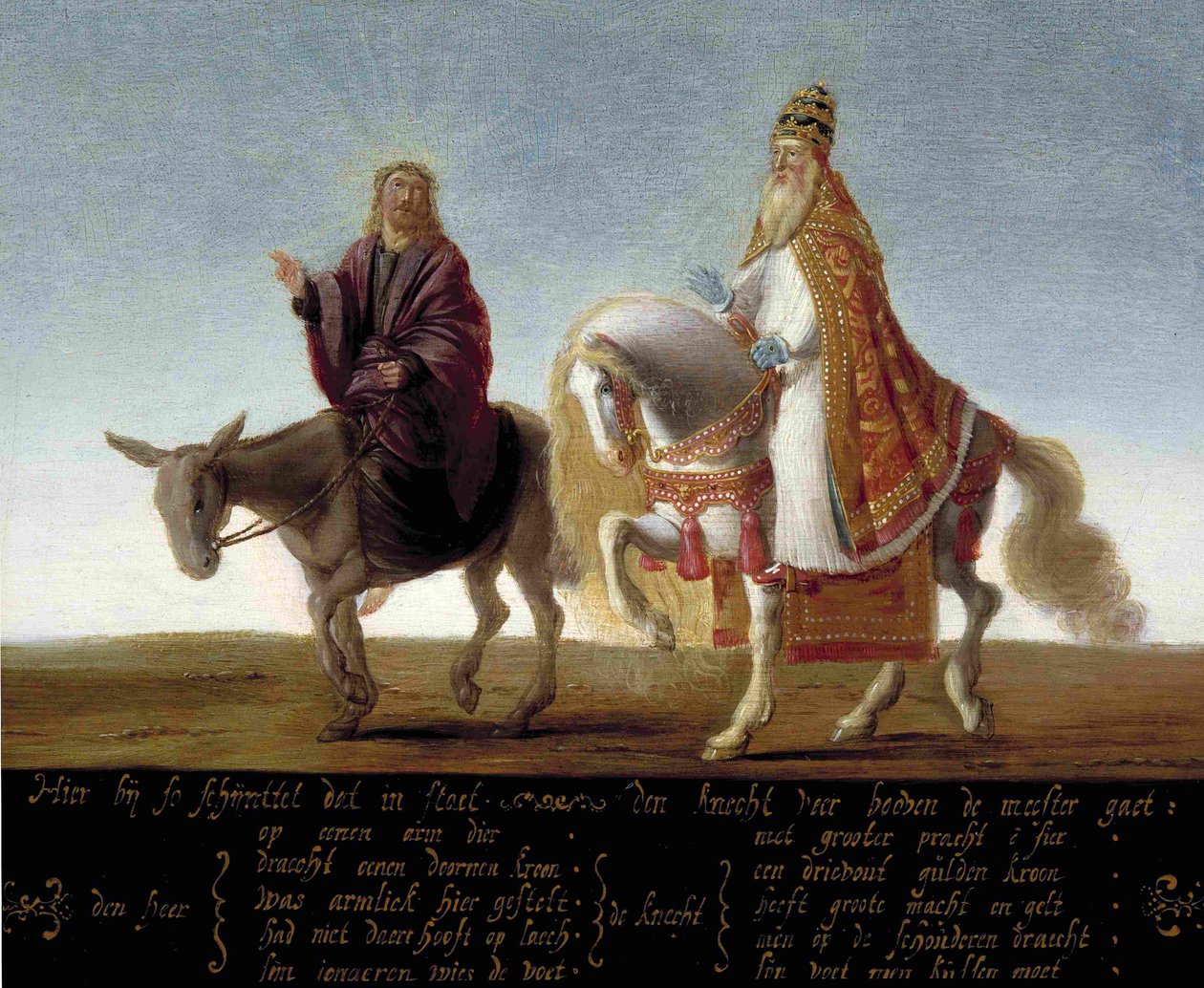 Christus op een ezel, de paus te paard door Unbekannt