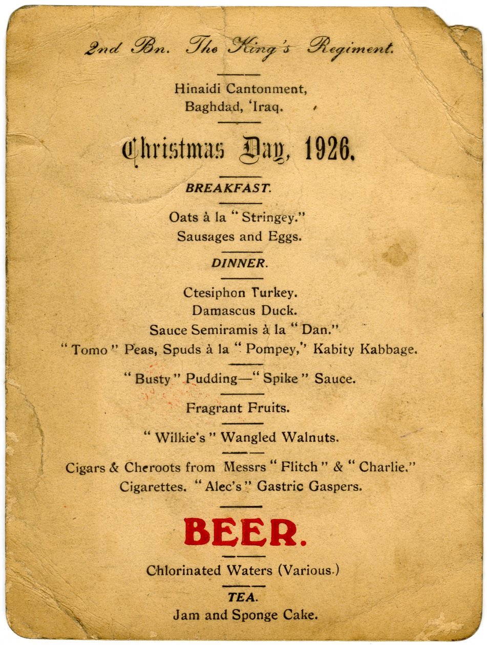 Kerstmenu, 2e Bataljon het Kings Regiment, Irak, 1926 door Unbekannt