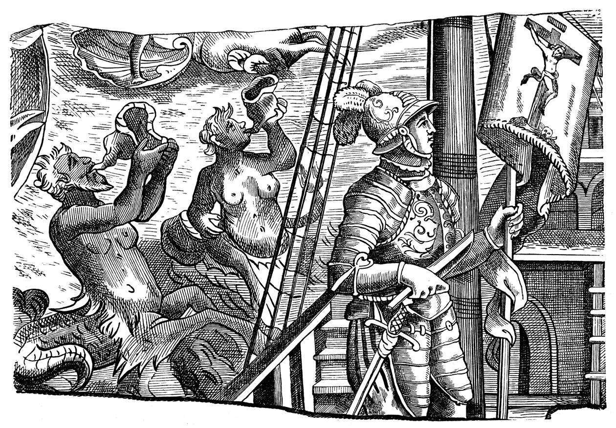Christoffel Columbus tijdens zijn reis naar Amerika, gravure, ca. 1500 door Unbekannt