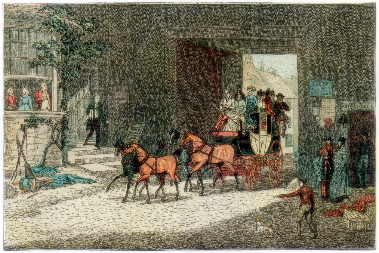 Koets arriveert op de binnenplaats van een herberg, 1890 door Unbekannt