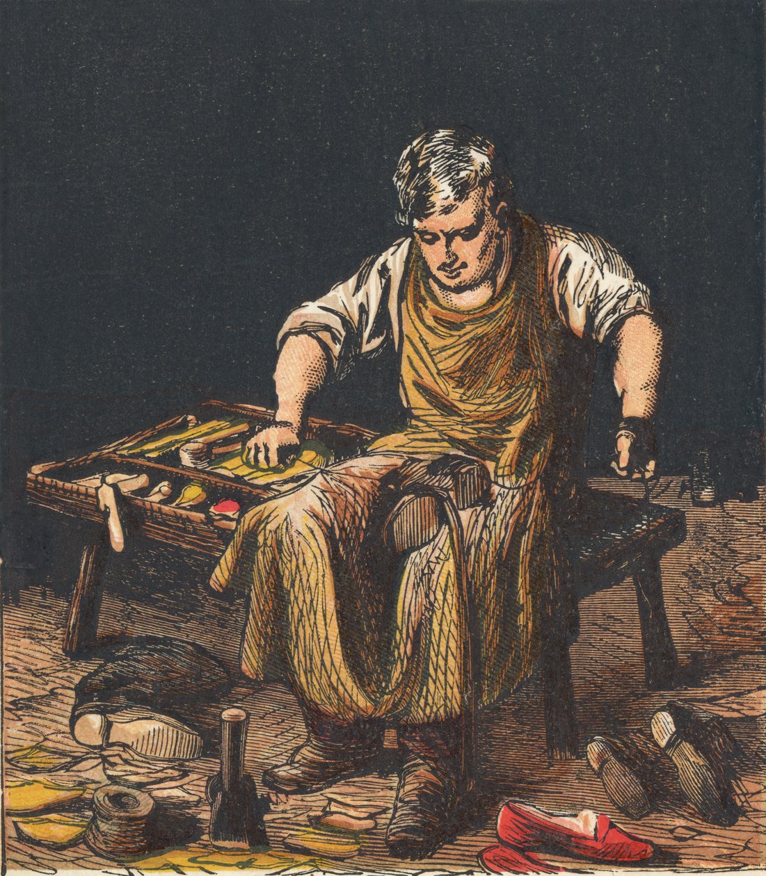 Schoenmaker repareert laarzen, 1867 door Unbekannt