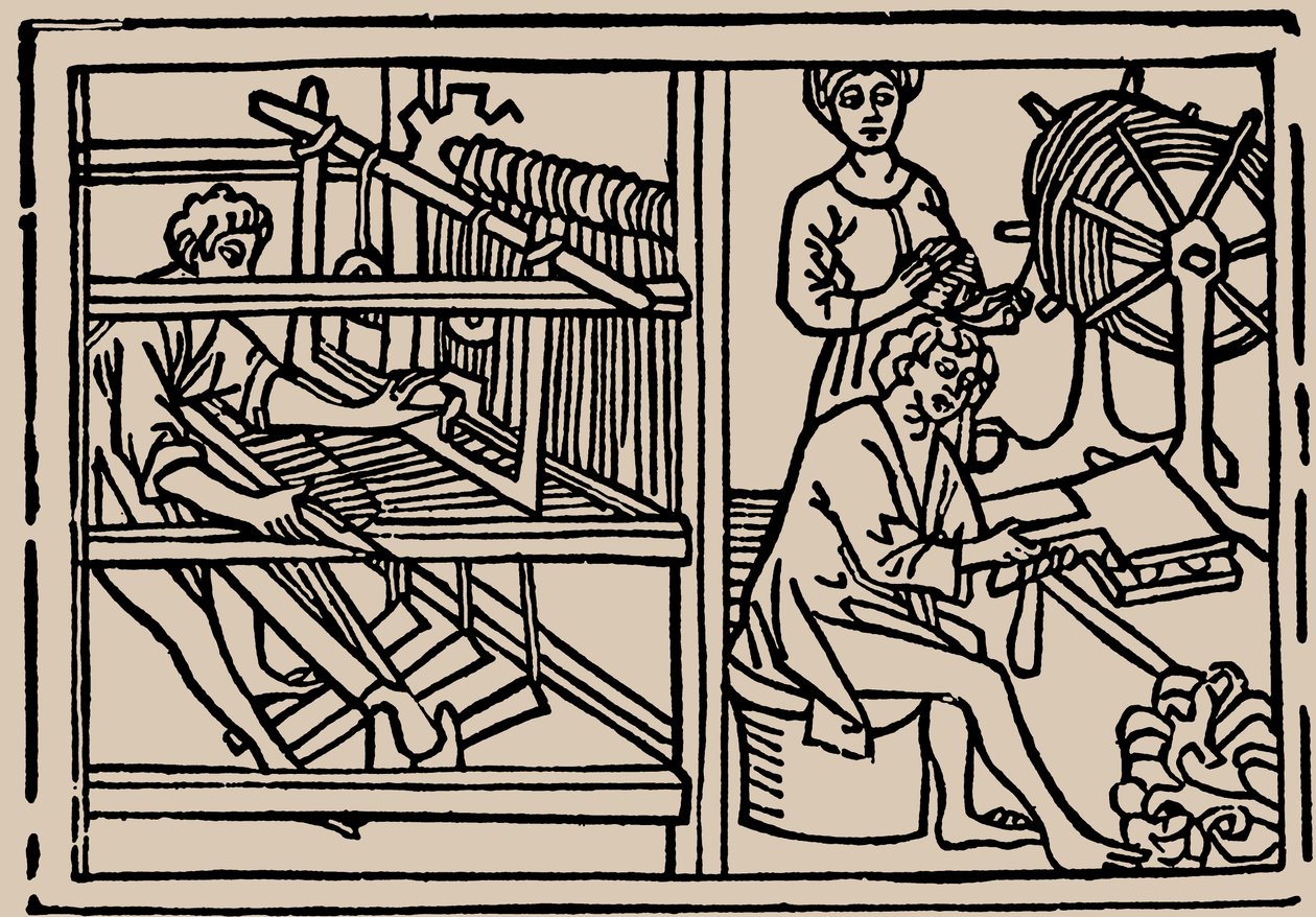 Kam, spinnen en weven van wol. Uit Speculum Vitae Humanae door Rodericus Zamorensis, 1479 door Unbekannt