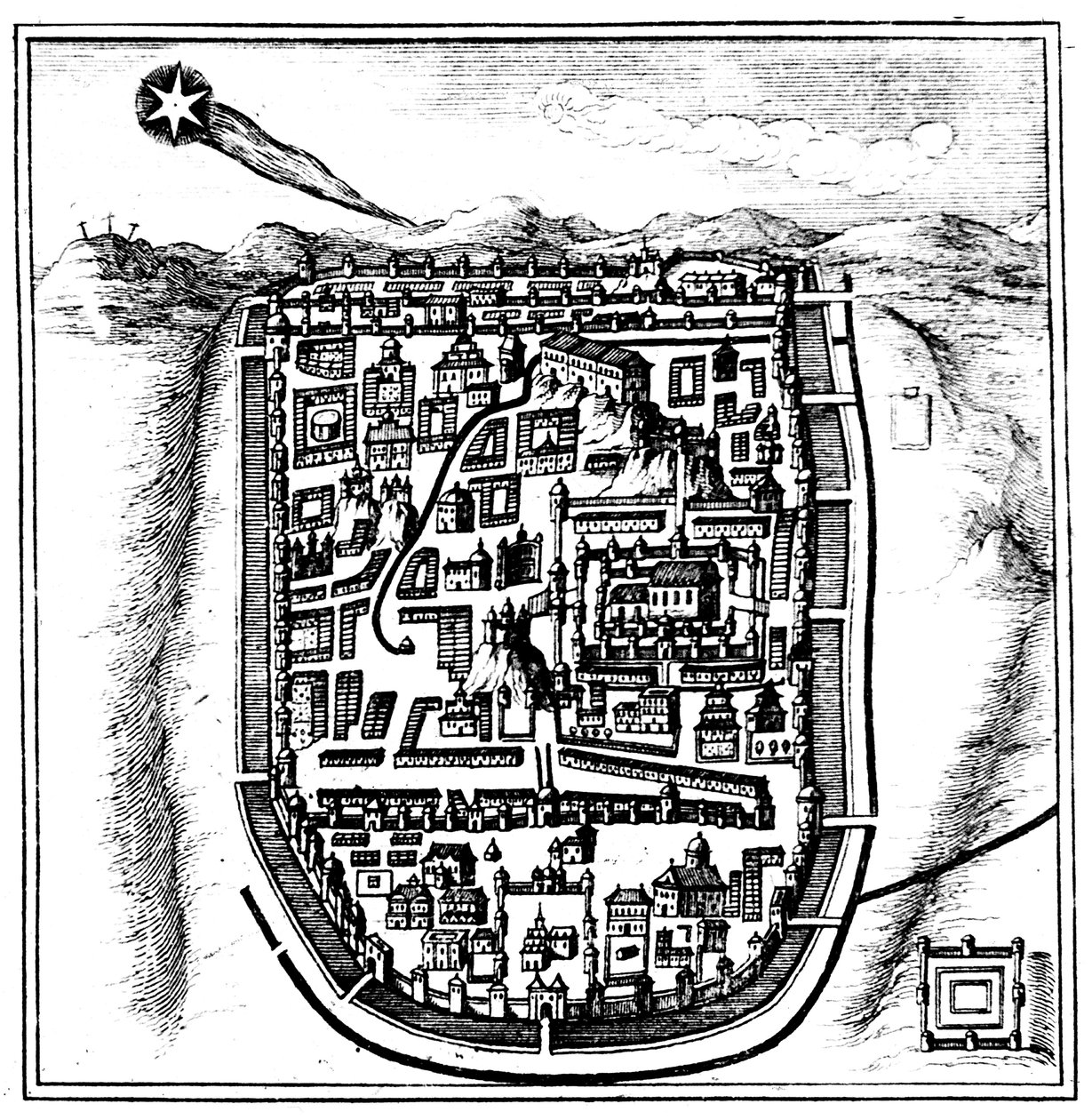 Komeet van 66 AD Halley boven Jeruzalem, 1666 door Unbekannt