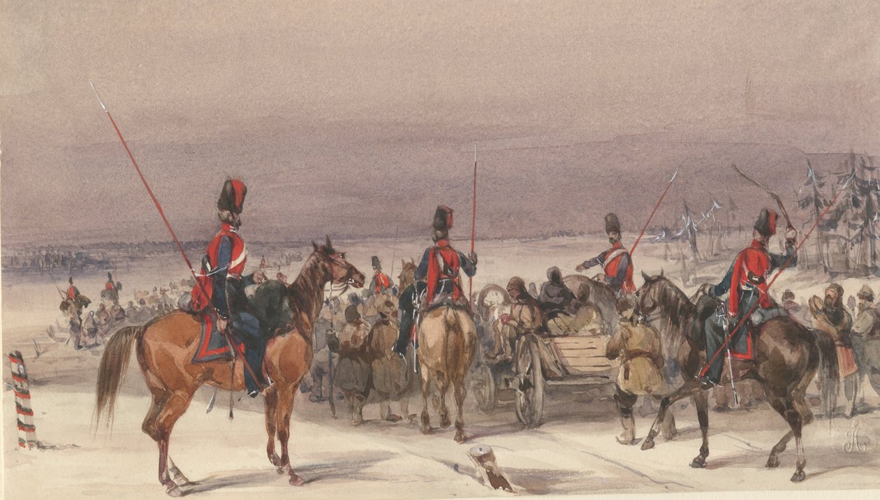 Kozakken begeleiden gedeporteerden, 1831 door Unbekannt