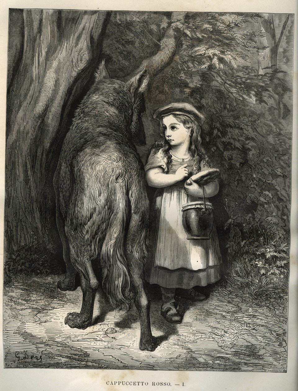 Tijdens het oversteken van het bos ontmoet Roodkapje de wolf. Gravure door Gustave Doré (1832-1883) uit 