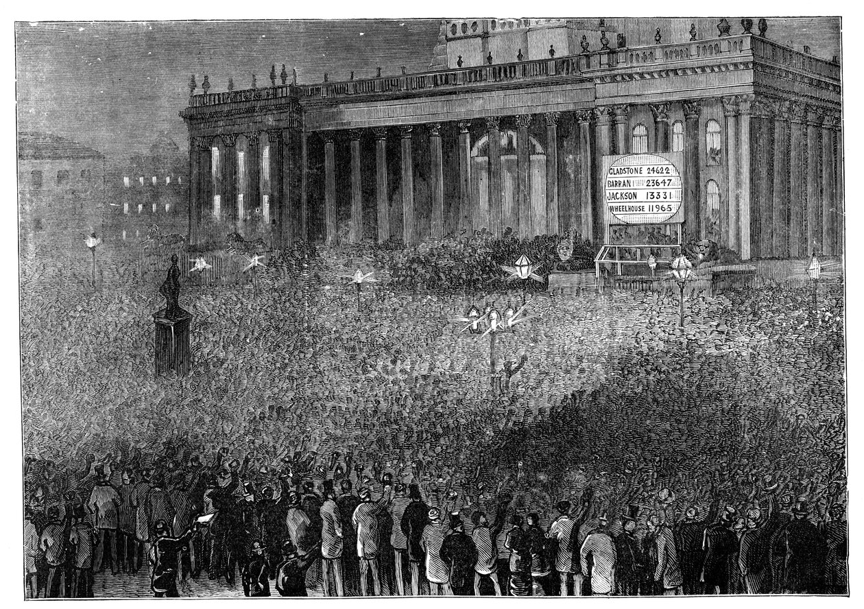 Bekendmaking van de uitslag van de verkiezing tijdens de algemene verkiezingen, Leeds, West Yorkshire, 1880 door Unbekannt