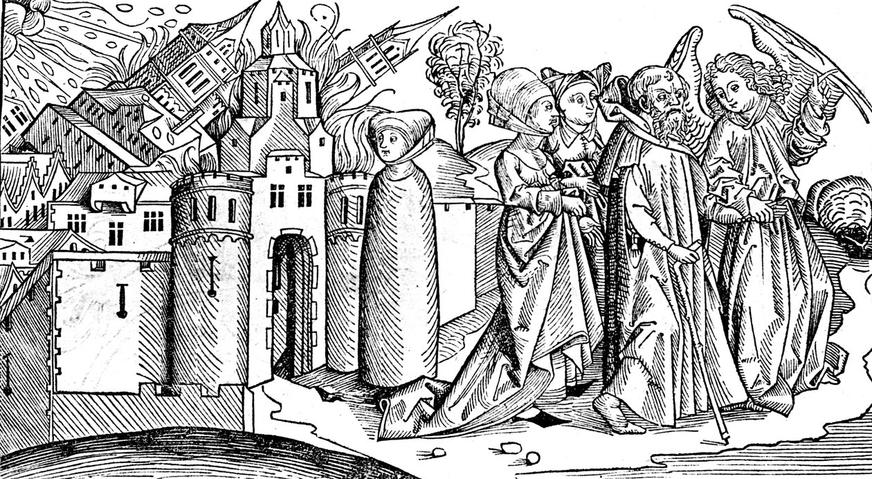 Vernietiging van Sodom en Gomorra door aardbeving, 1493 door Unbekannt