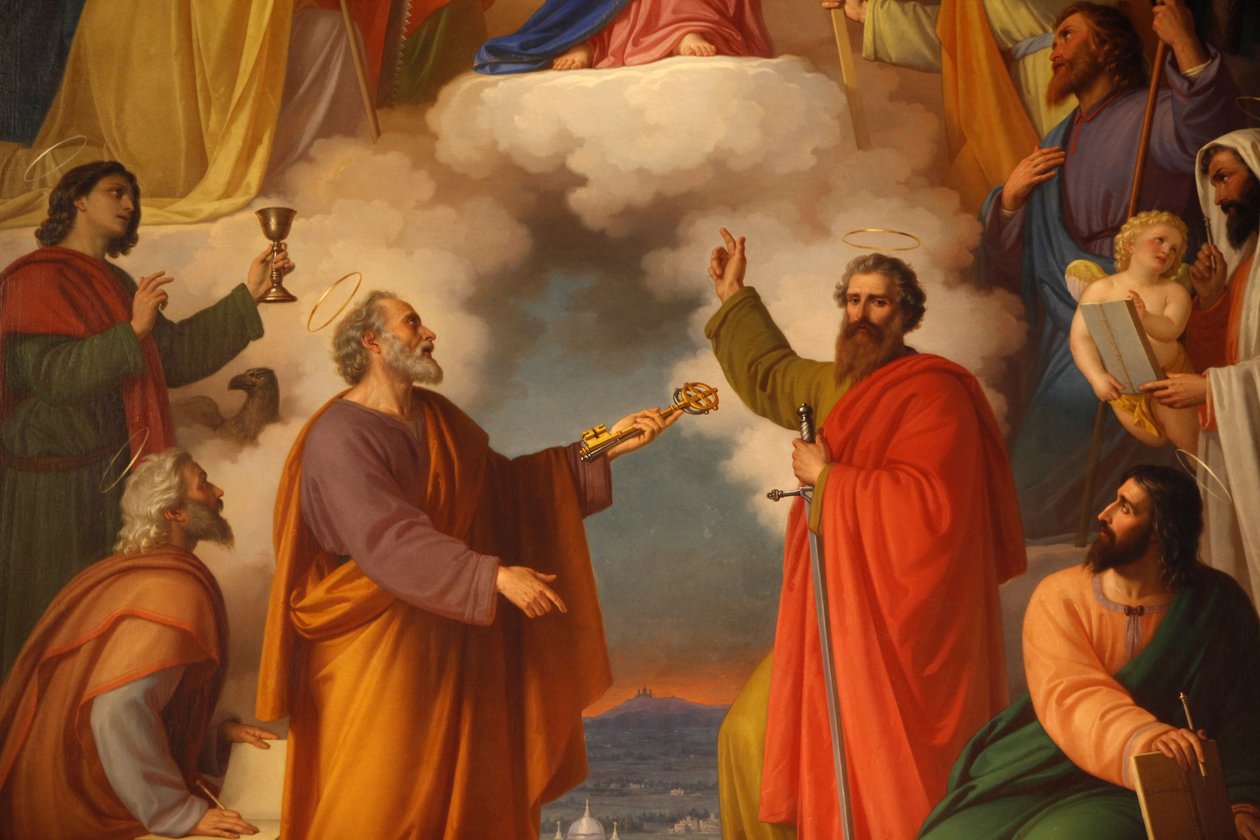 (detail) van een schilderij in Basilica di Maria Ausiliatrice met Sint-Pieter en Sint-Paulus, Turijn, Italië door Unbekannt