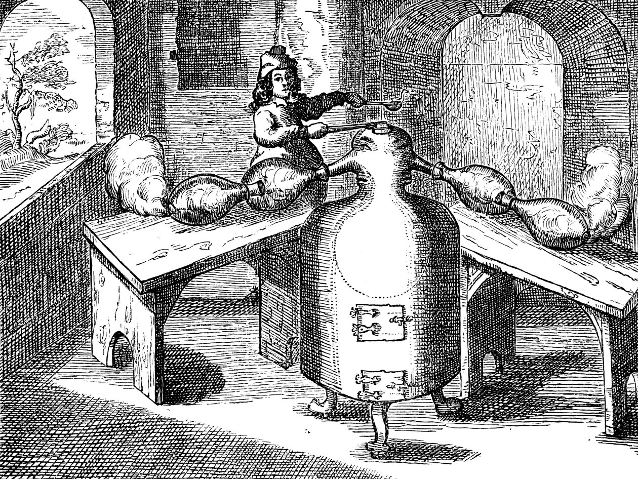 Destillatie van salpeterzuur Aqua fortis of scheidingszuur in een ijzeren man met twee neuzen, 1689 door Unbekannt