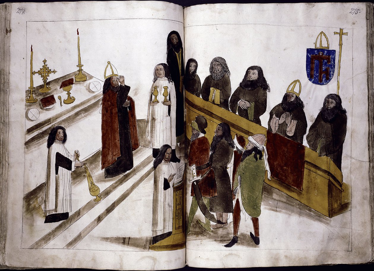 Goddelijke dienst volgens de Grieks-orthodoxe ritus uit: Ulrich Richental Kroniek van het Concilie van Konstanz, 1414-1418 door Unbekannt