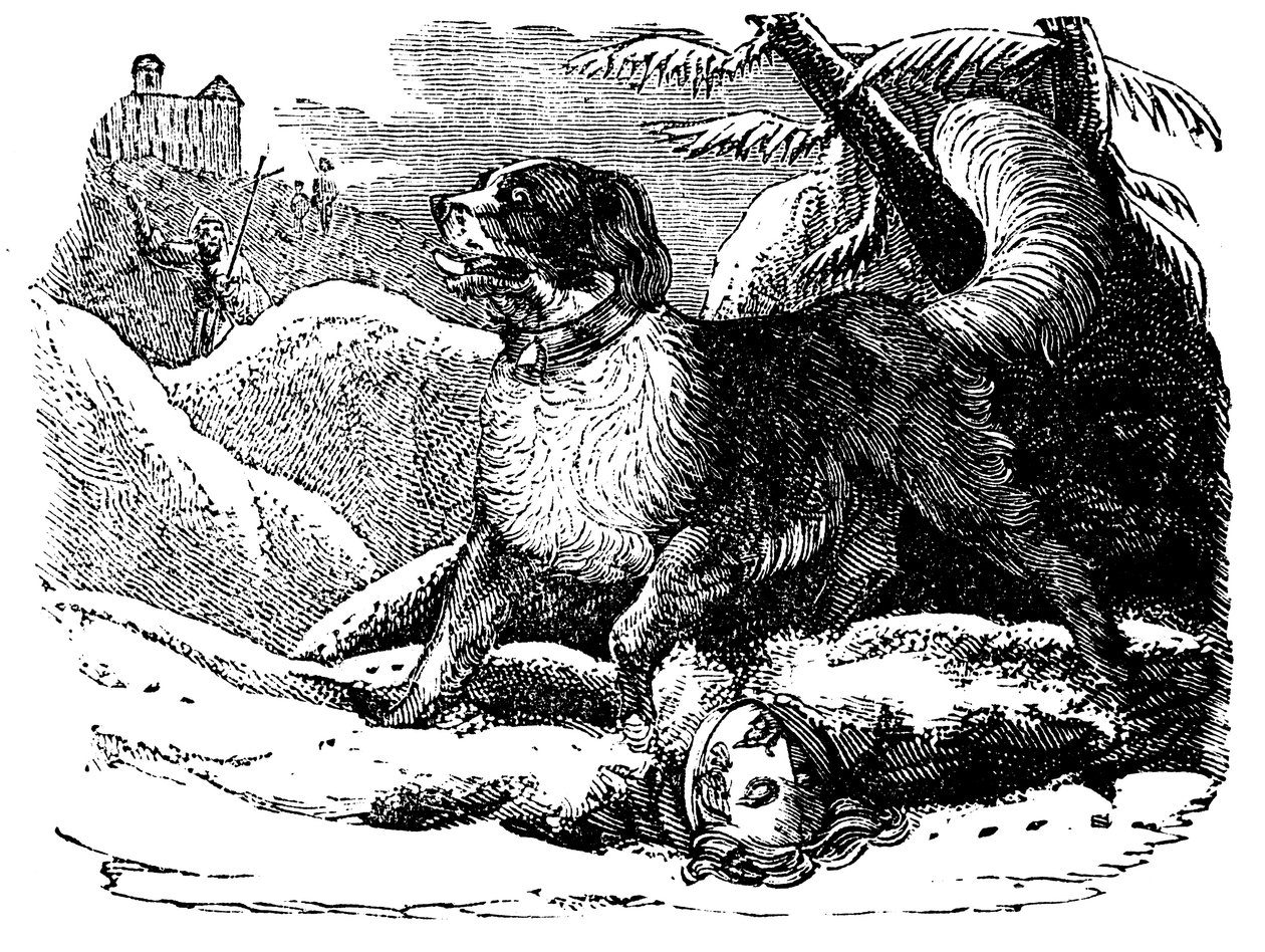 Hond van het Hospice van St. Bernard vindt een reiziger in de sneeuw, c1840 door Unbekannt