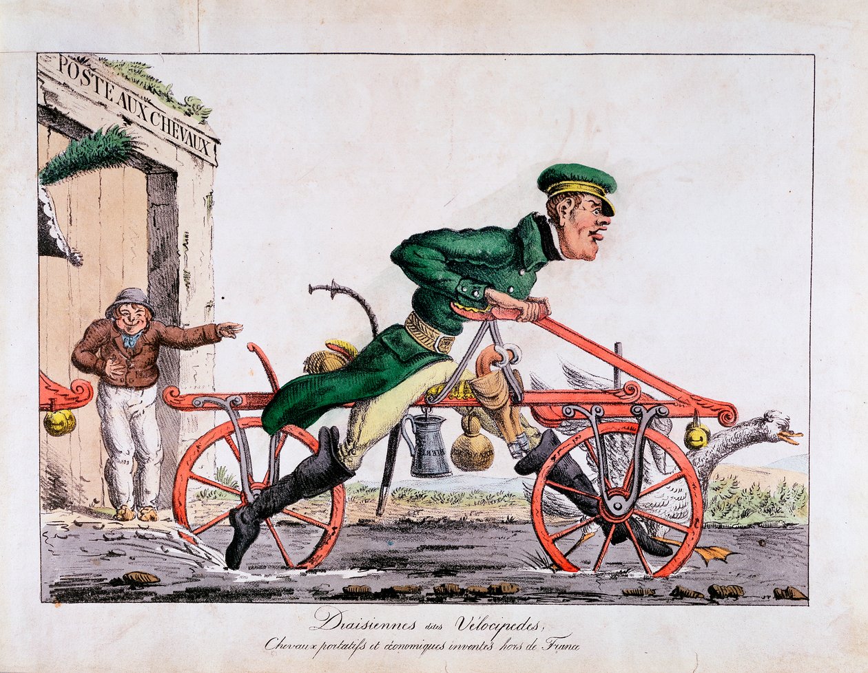 Draisienne of velocipede getoond ter vervanging van paarden in de Franse postdienst, 1818 door Unbekannt