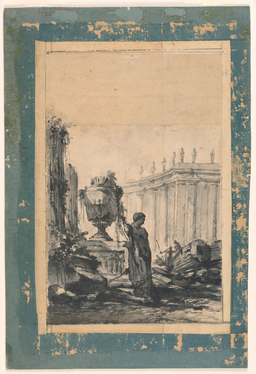 Tekening, Architectonische fantasie met vaas, herm en colonnade, midden 18e eeuw door Unbekannt