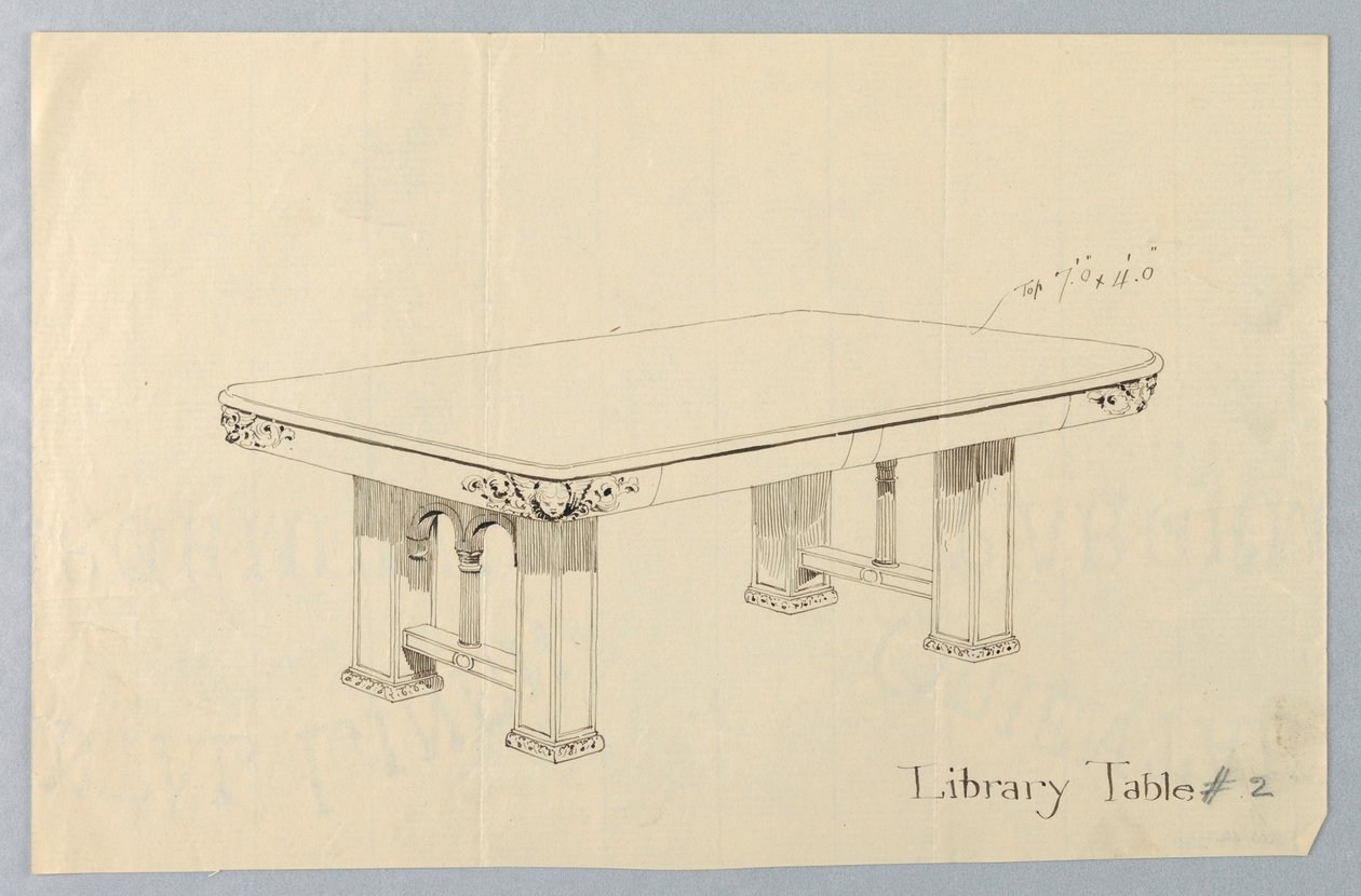 Tekening, Ontwerp voor rechthoekige bibliotheektafel #2 met putti gezichten gesneden op elk van de afgeronde hoeken door Unbekannt