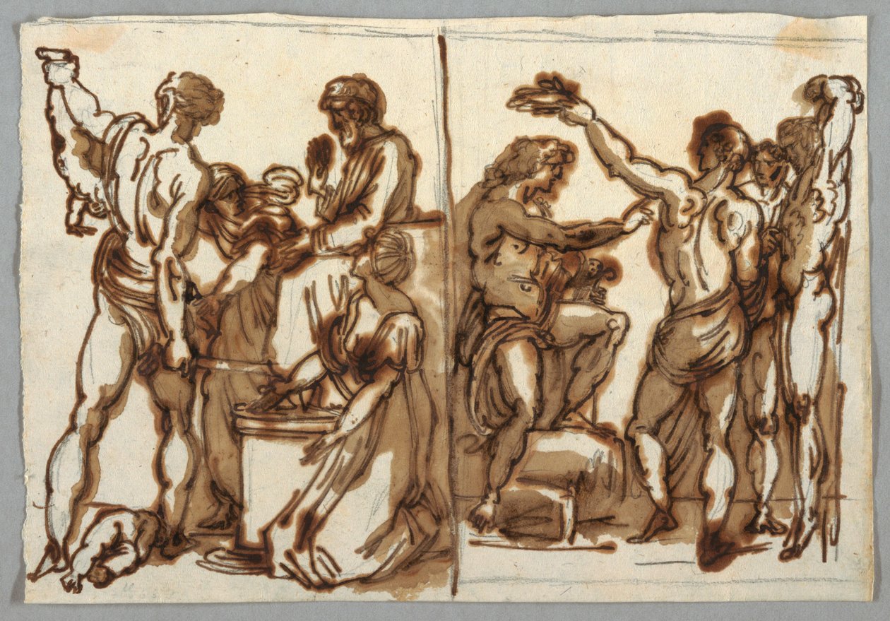 Tekening, Het oordeel van Salomo; Het villen van Marsyas, ca. 1820 door Unbekannt