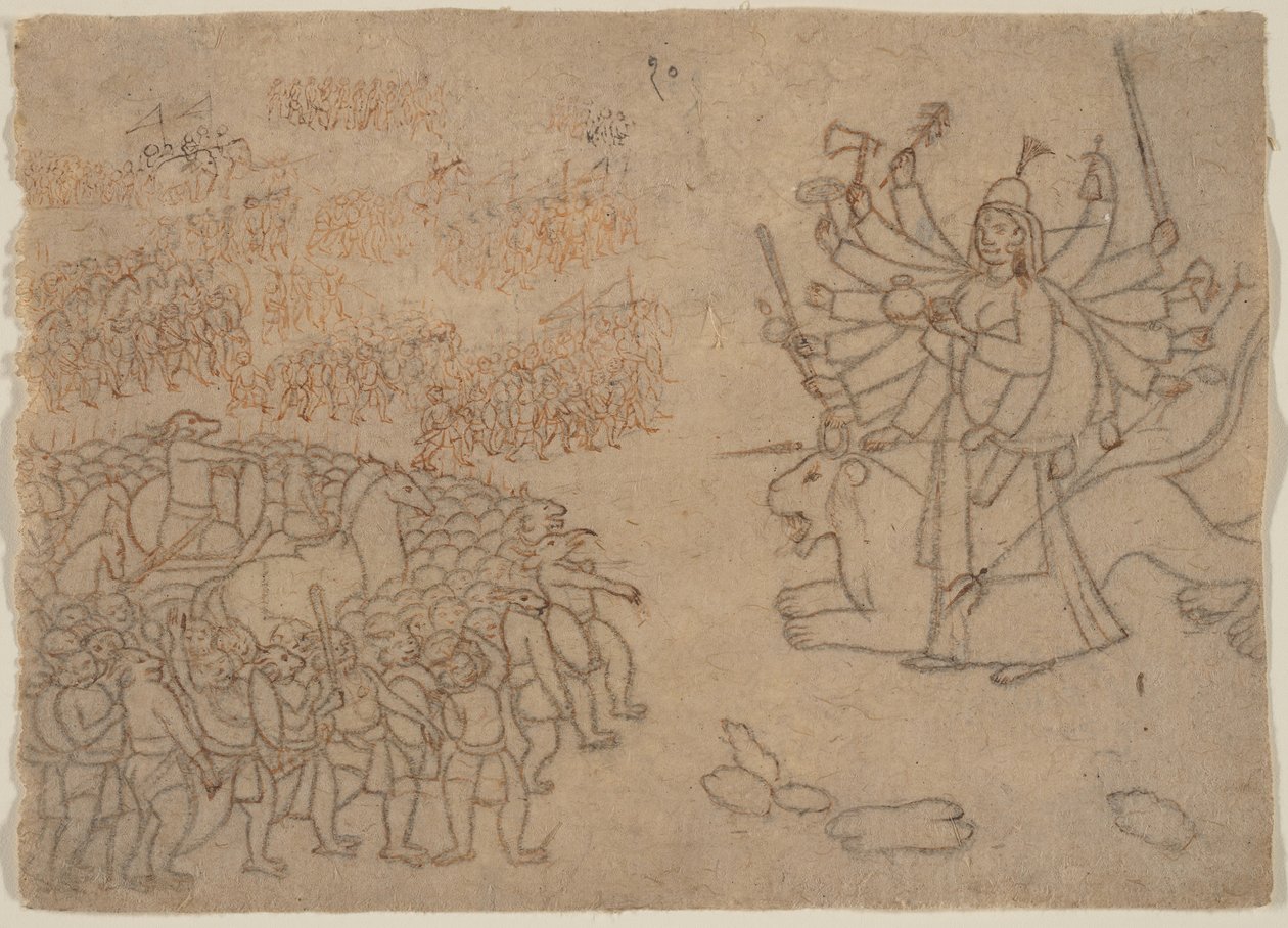 Durga confronteert het leger van de demon Chikshura: Scène uit de Devi Mahatmya, ca. 1780 door Unbekannt