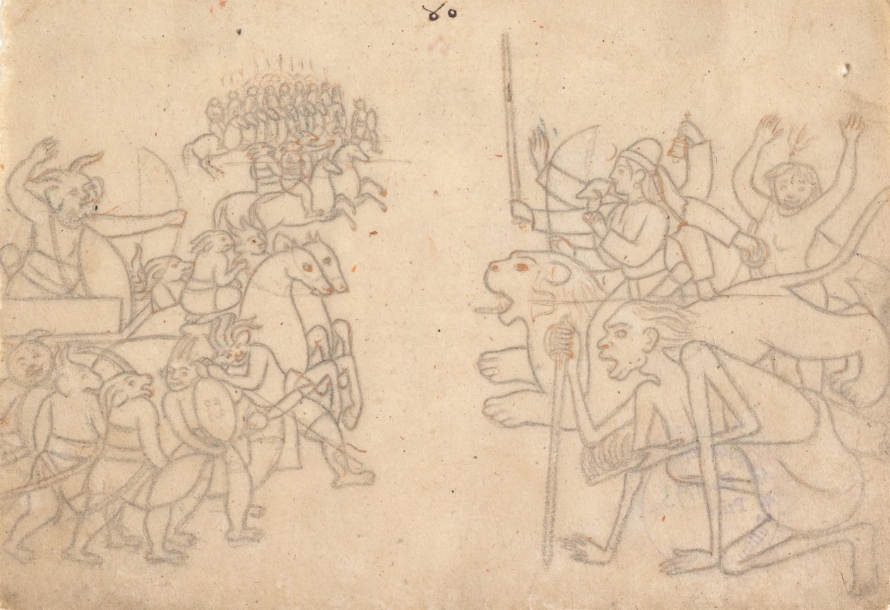 Durga en Kali naderen de verzamelde legers van Chanda en Munda, de Devi Mahatmya, ca. 1780 door Unbekannt
