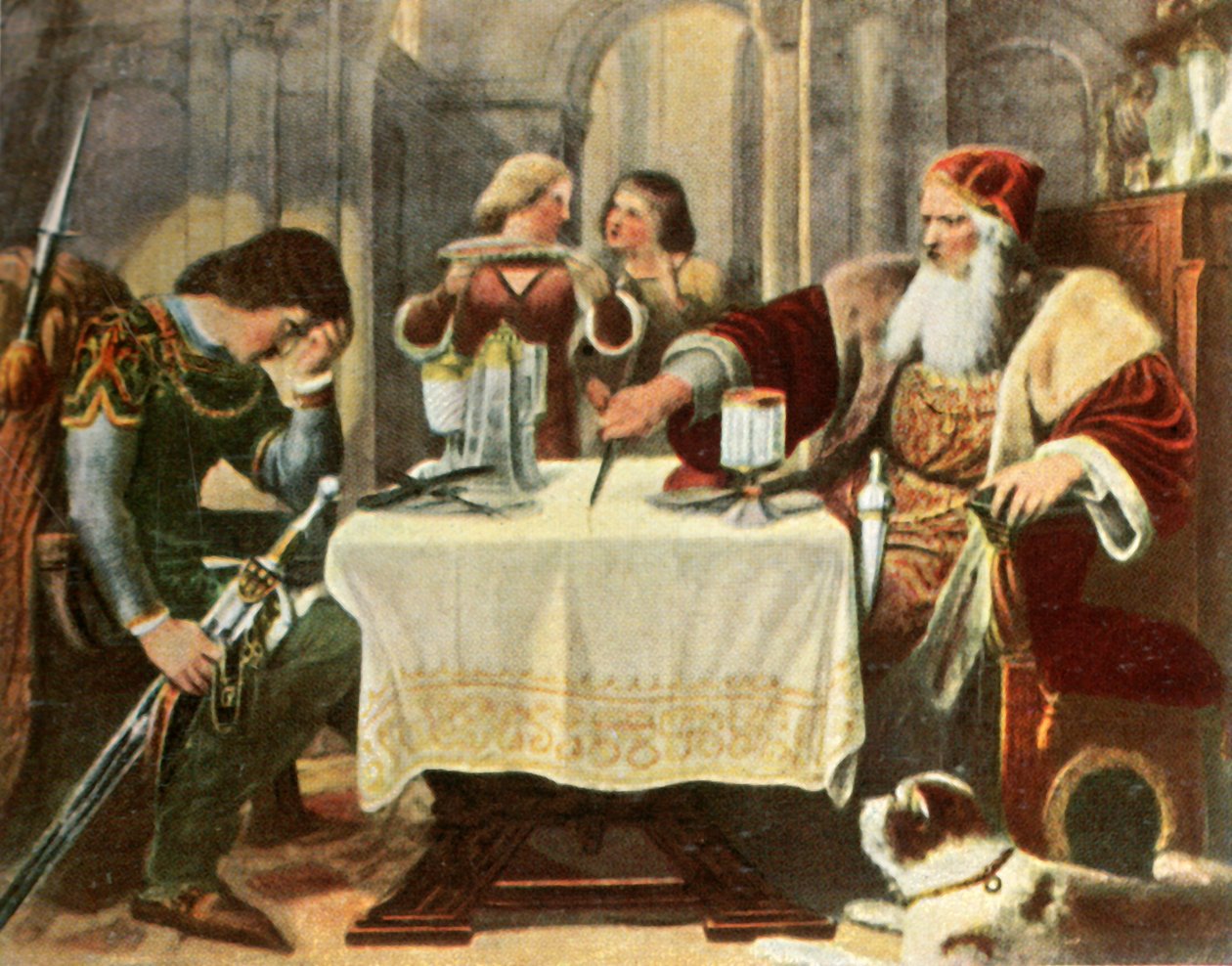 Eberhard snijdt het tafelkleed doormidden tussen hemzelf en zijn zoon Ulrich, 1377, 1936 door Unbekannt