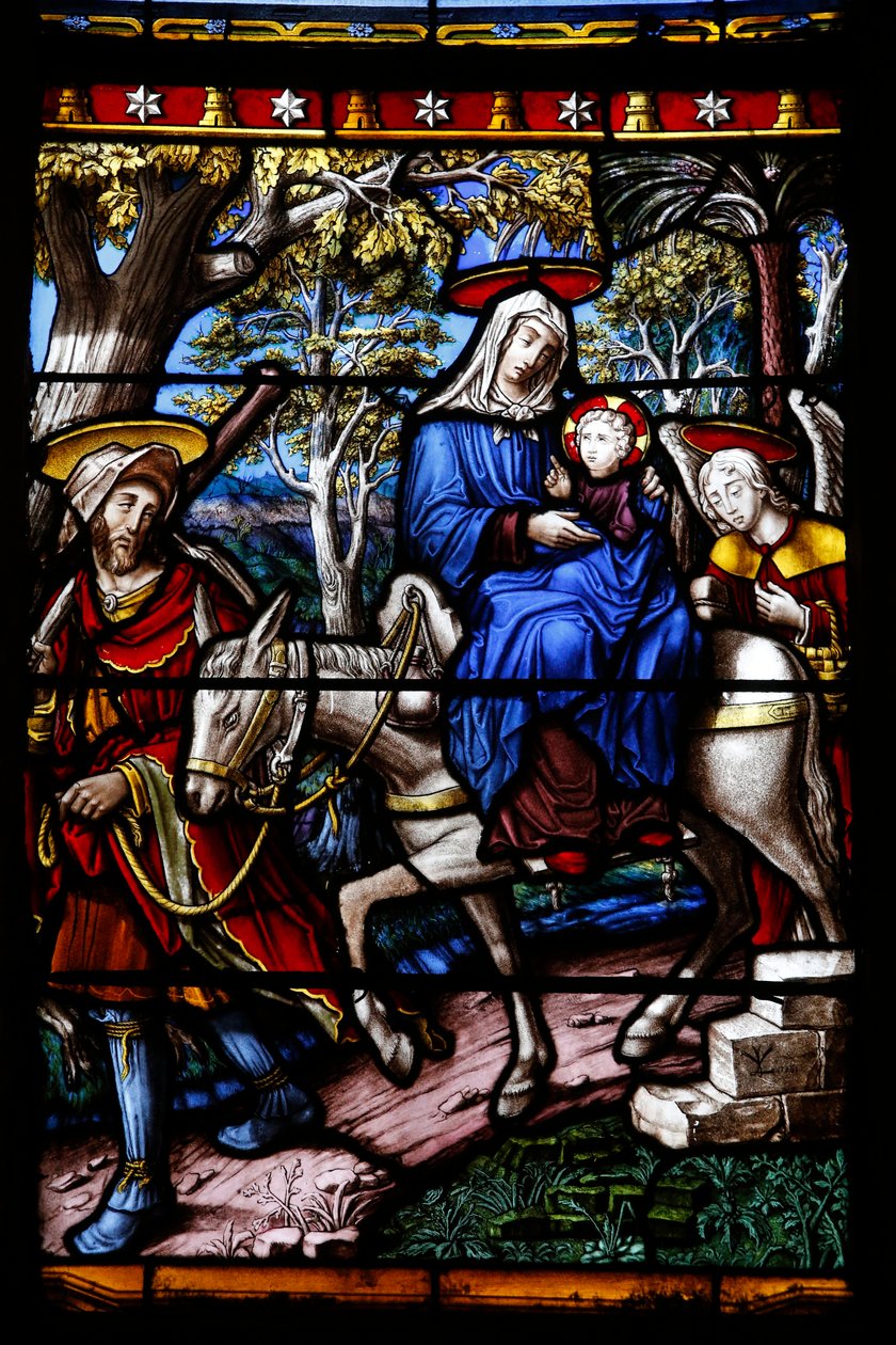 Eglise Saint-Remy de Troyes. Glas-in-lood: Scènes uit het leven van de Maagd. Detail: De vlucht naar Egypte. Atelier Vincent-Larcher, 19e eeuw door Unbekannt