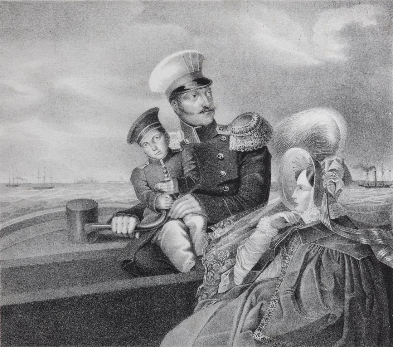 Keizer Nicolaas I en Keizerin Alexandra Fjodorovna met zoon Konstantin Nikolaevich op een Boottocht door Unbekannt