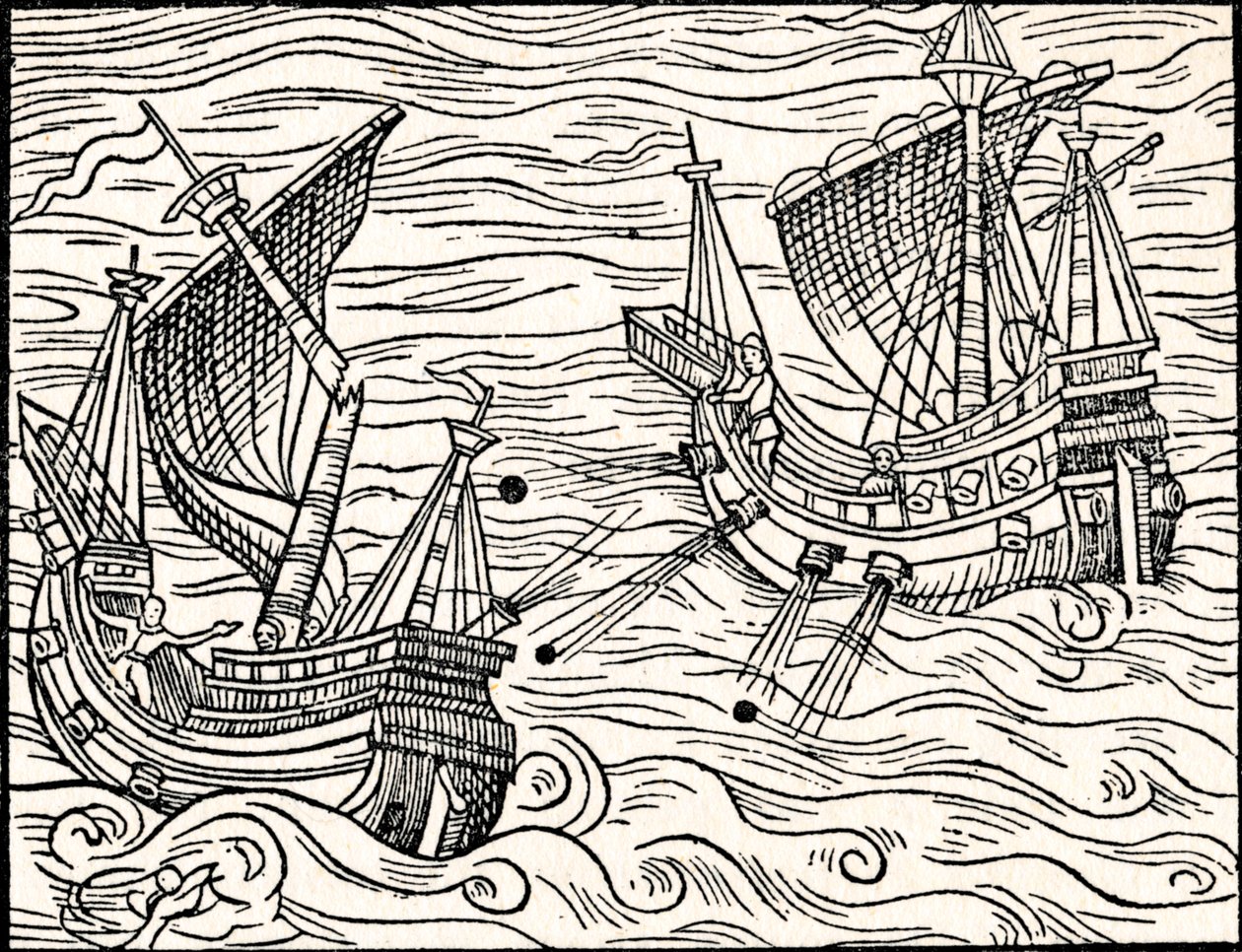 Engagement tussen twee koopvaardijschepen voor de kust van IJsland, 1555 door Unbekannt